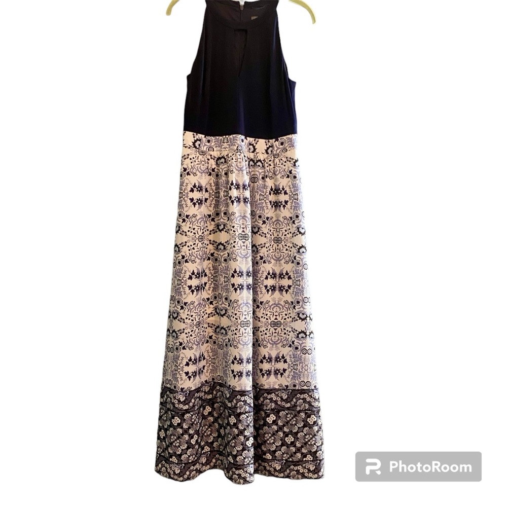Vince Camuto Navy White Racerback Keyhole Floral Maxi Dress Size 8